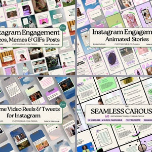 May include: A collage of four images showcasing different types of Instagram content templates. The first image features a collection of colorful Instagram posts with the text "Instagram Engagement Videos, Memes & GIFs Posts". The second image features a collection of animated Instagram stories with the text "Instagram Engagement Animated Stories". The third image features a collection of meme video reels and tweets for Instagram with the text "Meme Video Reels & Tweets for Instagram". The fourth image features a collection of seamless carousels for Instagram with the text "The Seamless Carousels 60 Instagram Templates for Canva".