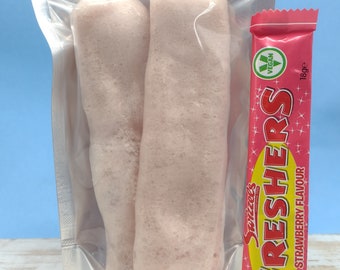 Freeze Dried Candy UK Refresher Bars: Strawberry, Lemon, Tropical, Stinger (tutti-fruity). Halal, vegans and vegetarians sweets.