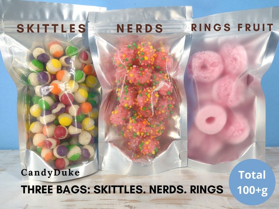 Freeze Dried Candy Collection 3 Bags: Nerds, Skittles, Fizzy Rings. Fun Sweets Valentine's Gift. Birthday, Thank You Present.