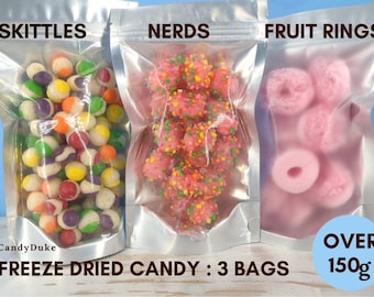 UK Freeze Dried Candy 3 BAGS: Nerds, Skittles & Fizzy Fruit Rings in assorted flavours . Crunchy Sweets. Birthday Gift. Easter Present.