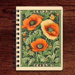 Journal avec reliure spirale d'inspiration coquelicots et acanthes William Morris, album de scrapbooking, agenda préraphaélite, papeterie florale