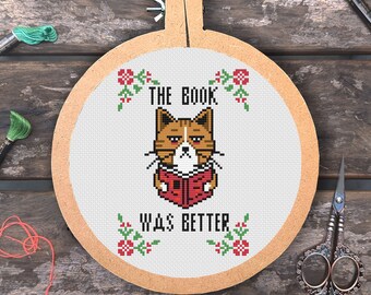 Nerdy Cat-kruissteekpatroon 'The Book Was Better' (digitale pdf-download)