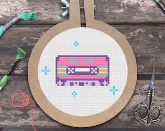 Retro Girly roze cassettebandje digitaal kruissteekpatroon PDF digitale download