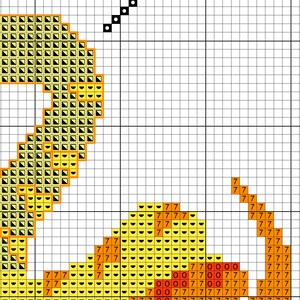 Op de afbeelding: Een kruissteekpatroon met een geel en oranje ontwerp van een gestileerde schorpioen. De schorpioen is zwart omlijnd en heeft een staart met een angel.