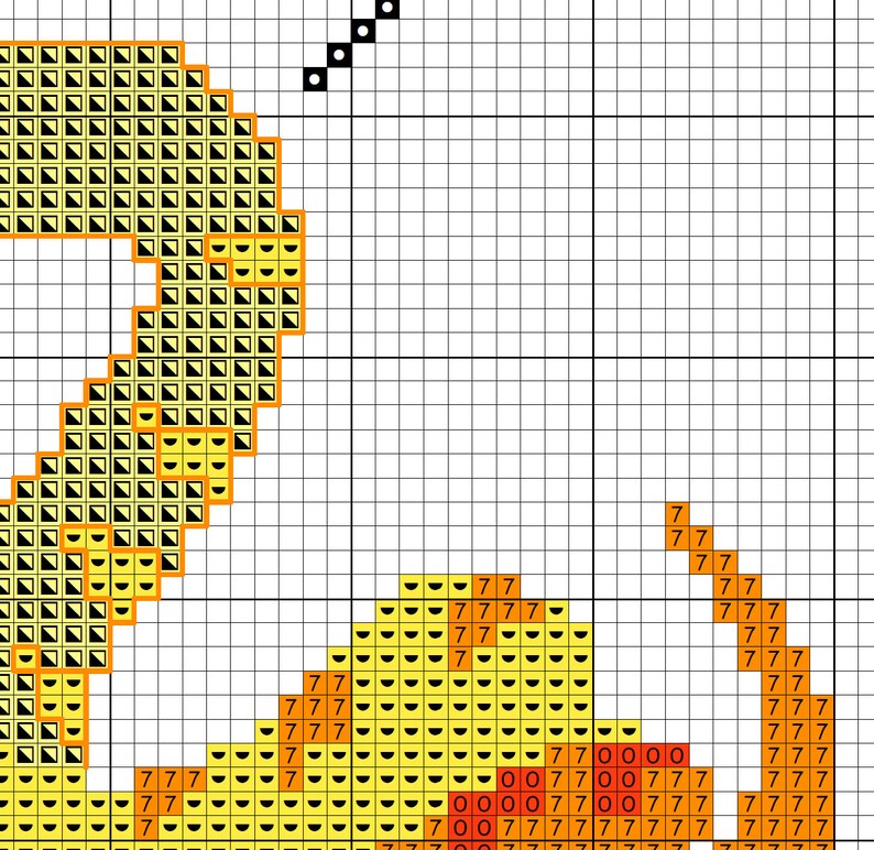 Op de afbeelding: Een kruissteekpatroon met een geel en oranje ontwerp van een gestileerde schorpioen. De schorpioen is zwart omlijnd en heeft een staart met een angel.