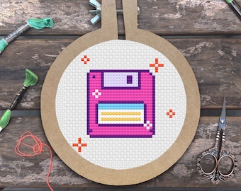 Retro roze Girly Floppy Disk digitale Cross Stitch patroon PDF digitale download