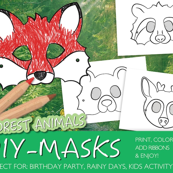 Máscaras de animales DIY para colorear, imprimir en casa, listas para usar, actividad para niños, descargar, zorro, oso, ciervo, mapache