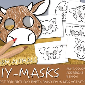 DIY Bauernhof Tier Masken zum ausmalen Ausdruck Zuhause  sofort einsatzbereit Kinderaktivität Download Farm