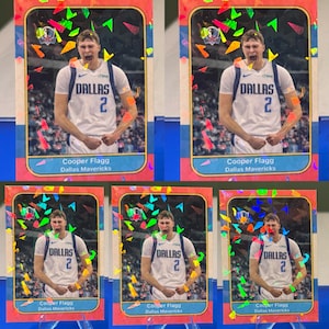 5 Cooper Flagg 1986 Fleer Rookie Karten! Sie erhalten 5 Karten! Mavericks Uniform! Alles holo auf gesprungenes Eis!