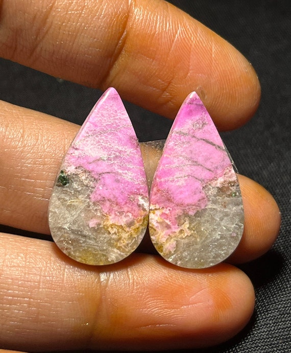 Natural Pink Cobalto Calcite Cabochons, Matching Pear Pair (26X14mm, 23.80 Cts)