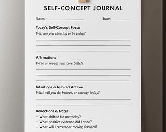 May include: A white "SELF-CONCEPT JOURNAL" sheet, held by a wooden clip. The journal includes sections for self-reflection, affirmations, and intentions. The text "Made by Macfarlane Ltd" is at the bottom.