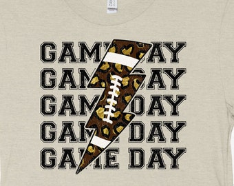 Game Day Football PNG Design, Leopard American Football graphic, Lightening bolt popular trendy design for fall sports. Cheetah print design
