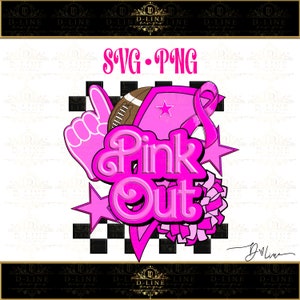 K&ouml;nnte beinhalten: Pink Out Design mit einem Football, einem rosa Band, einem Stern und einer Cheerleader-Hand. Der Text "Pink Out" ist in einer rosa, blasenartigen Schrift.
