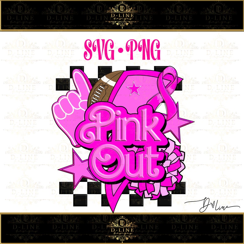 K&ouml;nnte beinhalten: Pink Out Design mit einem Football, einem rosa Band, einem Stern und einer Cheerleader-Hand. Der Text "Pink Out" ist in einer rosa, blasenartigen Schrift.