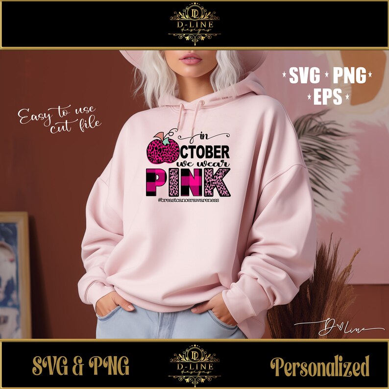 May include: Pink and black graphic design with a pink apple and the text "In October we wear pink" and the hashtag "#breastcancerawareness".