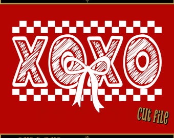 XOXO Valentines Day Hugs & Kisses with Bow. PNG, SVG. Easy to use Cut File for Cricut or Silhouette, Day of Love Cute Trendy Graphic Design
