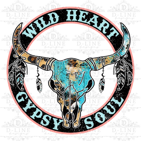 Wild Heart Gypsy Soul Graphic Design. Digital Download. Instant Download. Distressed. PNG File. Distressed Western Boho Design