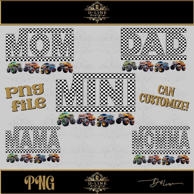 Mama Monster Truck Racing PNG Trending Shirt Design, Checkered Boy Design,, Birthday Shirt design, Mom, Dad, Mini Me, Momma Instant download image 1