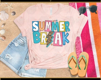 Summer Break Fun Colorful End of School Year Design. PNG & Easy to use SVG Cut file. Sublimation. Schools Out. Teacher Shirt. Shirt Design.