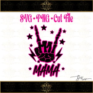 May include: Black and pink graphic design of a skeleton hand making the rock and roll hand gesture. The hand is surrounded by stars and lightning bolts. The text "MAMA" is below the hand.