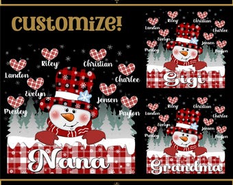 Snowman Grandma, Nana, Gigi, Custom Design with names. Personalize grandkids names. PNG SVG Instant Download. Winter Mom Grandparent Graphic