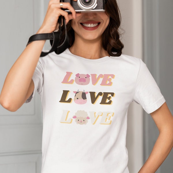 Animal Lover Vegan T-Shirt with Cute Farm Animals Love Love Love