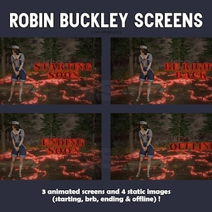 Może przedstawiać: Grafika cyfrowa zatytułowana "ROBIN BUCKLEY SCREENS". Cztery ekrany przedstawiają postać w stroju marynarza. Ekrany wyświetlają tekst "STARTING SOON", "BE RIGHT BACK", "ENDING SOON" i "OFFLINE".