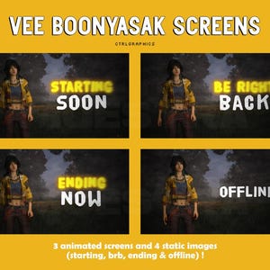May include: A digital art graphic with the text "VEE BOONYASAK SCREENS" and "CTRLGRAPHICS". The image features four screens with text: "STARTING SOON", "BE RIGHT BACK", "ENDING NOW", and "OFFLINE". Each screen has a person in the center.