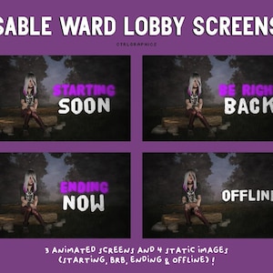 Może przedstawiać: Fioletowa grafika z czterema panelami do streamingu. Górny panel zawiera napisy "SABLE WARD LOBBY SCREENS" i "STARTING SOON". Pozostałe panele zawierają napisy "BE RIGHT BACK", "ENDING NOW" i "OFFLINE". Osoba siedzi na kłodzie w każdym panelu.