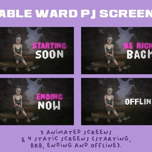 Może przedstawiać: Fioletowa grafika z czterema ekranami do streamingu. Każdy ekran przedstawia osobę siedzącą na kłodzie z tekstem: "Starting Soon", "Be Right Back", "Ending Now" i "Offline". Tekst "Sable Ward PJ Screens" znajduje się na górze.
