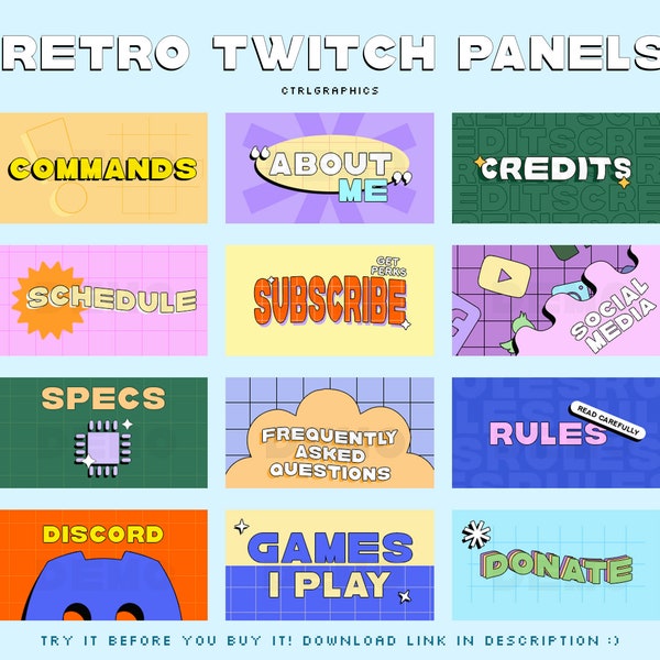 12 Retro Twitch Panels / Colorful Retro Panels