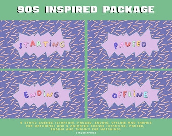 Paquete de transmisión de programas inspirados en los años 90 / Superposiciones / Escenas / Etiquetas / Paneles de Twitch y YouTube.