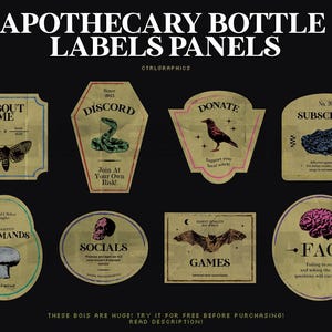 Peut inclure: Panneau de modèles d'étiquettes de bouteilles d'apothicaire avec diverses illustrations et textes de style vintage. Les étiquettes présentent des images d'un papillon de nuit, d'un serpent, d'un corbeau, d'une grenouille, d'un champignon, d'un crâne, d'une chauve-souris et d'un cerveau.