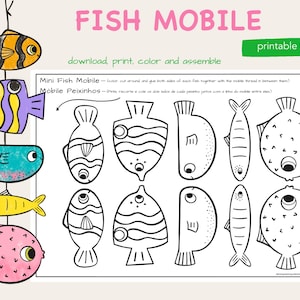 Poisson ludique en papier pour bricolage mobile / travaux manuels imprimables / activité artisanale à colorier pour enfants / travaux manuels en papier sur le thème de la plage / activité d'été en téléchargement numérique
