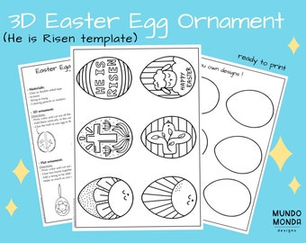 Printable 3D Easter Egg Christian Ornaments / He is risen crafts for Kids / Color-me Easter ornament / Coloring Easter craft for kids