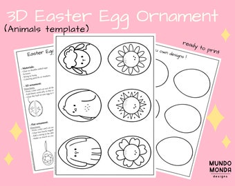 Printable 3D Easter Egg Coloring Ornaments / Easter Coloring for Kids / Color-me Easter ornament / Animals Easter craft for kids