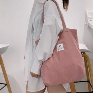 Corduroy Tote Bag, Pink Tote Bag, Tote Bag for University, Tote Bag with Pocket image 1