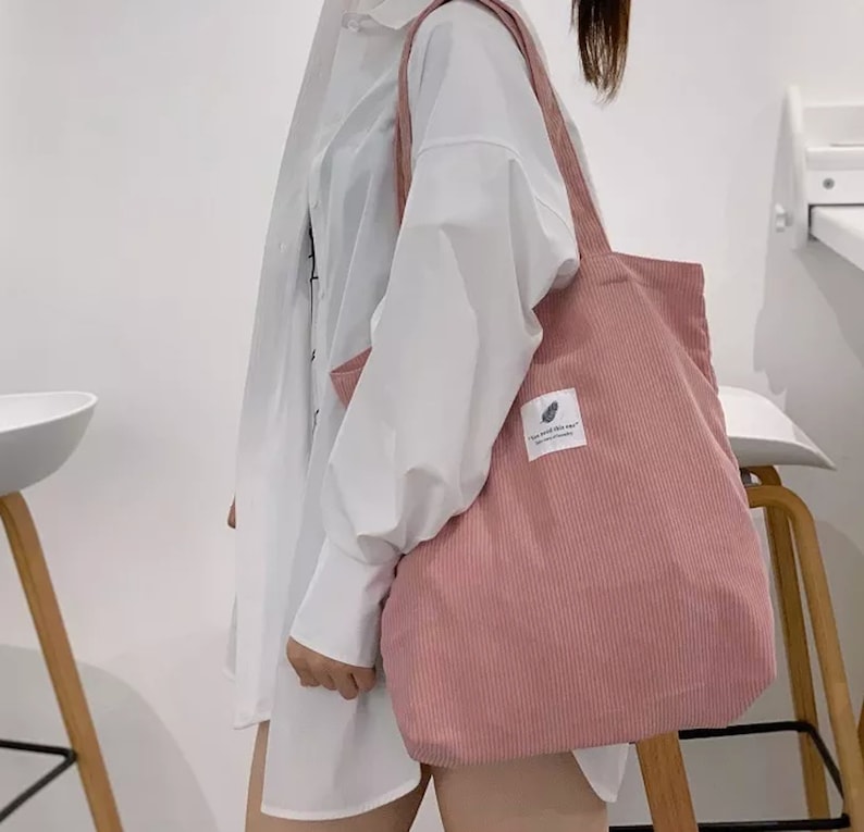 Corduroy Tote Bag, Pink Tote Bag, Tote Bag for University, Tote Bag with Pocket image 1