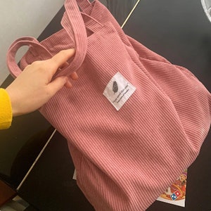 Corduroy Tote Bag, Pink Tote Bag, Tote Bag for University, Tote Bag with Pocket image 2