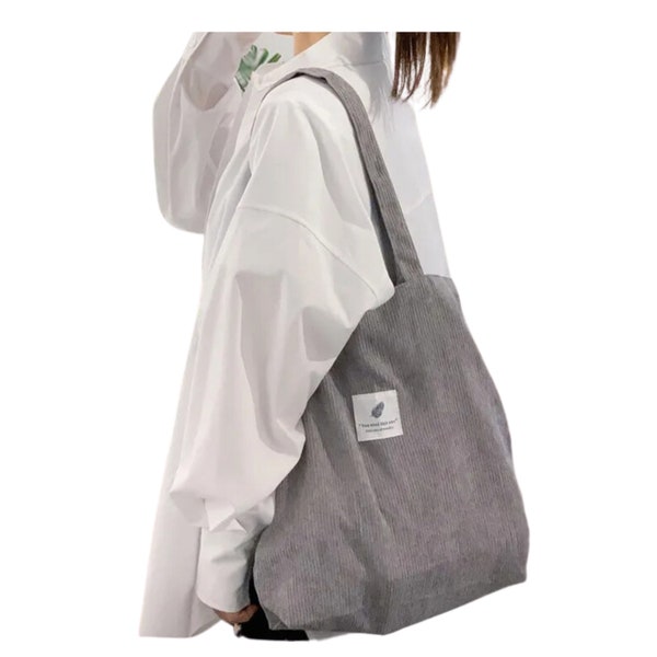 Corduroy Tote Bag, Grey Tote Bag, Tote Bag for University, Tote Bag with Pocket