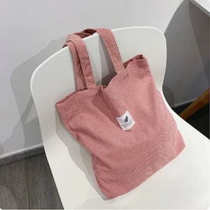 Corduroy Tote Bag, Roze Tote Bag, Tote Bag voor Universiteit, Tote Bag met zak afbeelding 4