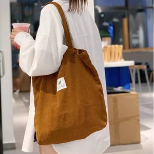 Corduroy Tote Bag, Brown Tote Bag, Tote Bag for University, Tote Bag with Inner Pocket