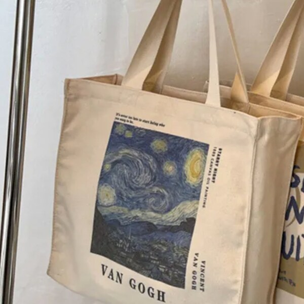 Van Gogh Canvas Tote Bag, Canvas Tote Bag with Zip, Canvas Tote Bag with Zipper, Aesthetic Canvas Tote Bag, Back to School Bag