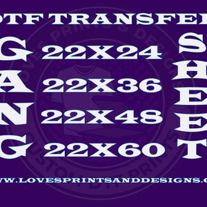 May include: DTF Transfer Sheet sizes: 22x24, 22x36, 22x48, 22x60.  The text "DTF Transfer Sheet" is in white letters on a purple background.  The sizes are in white letters on a blue background.