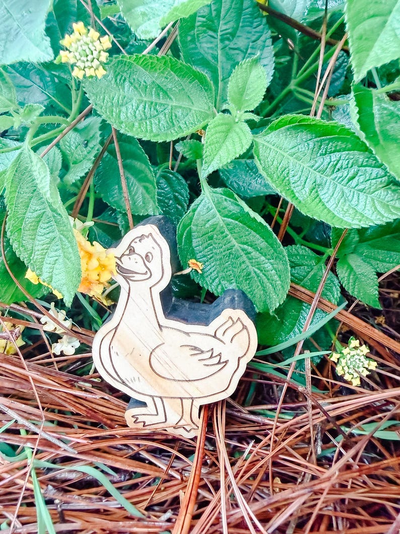May include: A light-colored wooden cutout shaped like a duck with dark engraved outlines defining its features, including a beak, eye, wing, and feet. The duck figure has a smooth, natural wood grain texture and is positioned upright.