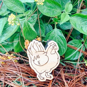 May include: A light-colored wooden cutout shaped like a chicken, featuring dark brown engraved outlines that define the bird's feathers, comb, beak, and feet. The wooden figure has a smooth surface and is positioned against a natural outdoor backdrop.