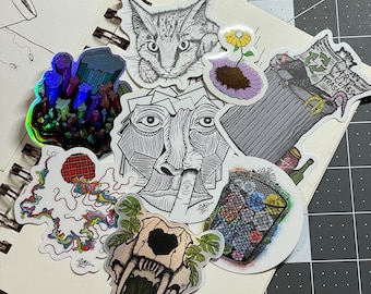 Atypical Sticker Pack #1 (8 count)! Unique, Weird and Whimsical Hand Drawn Vinyl Artist Stickers For Laptop, Water Bottle, Lockers, Bumpers!