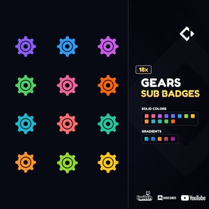 Gears Twitch Sub Badges: Solid & Gradient Colors (18 Badges)