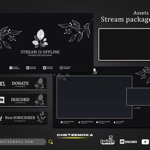 Floral Stream Overlay Black and White - Animated & Static Version | Floral Black and White Twitch Pack