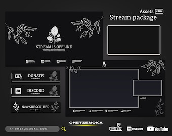 Floral Stream Overlay Black and White - Animated & Static Version | Floral Black and White Twitch Pack
